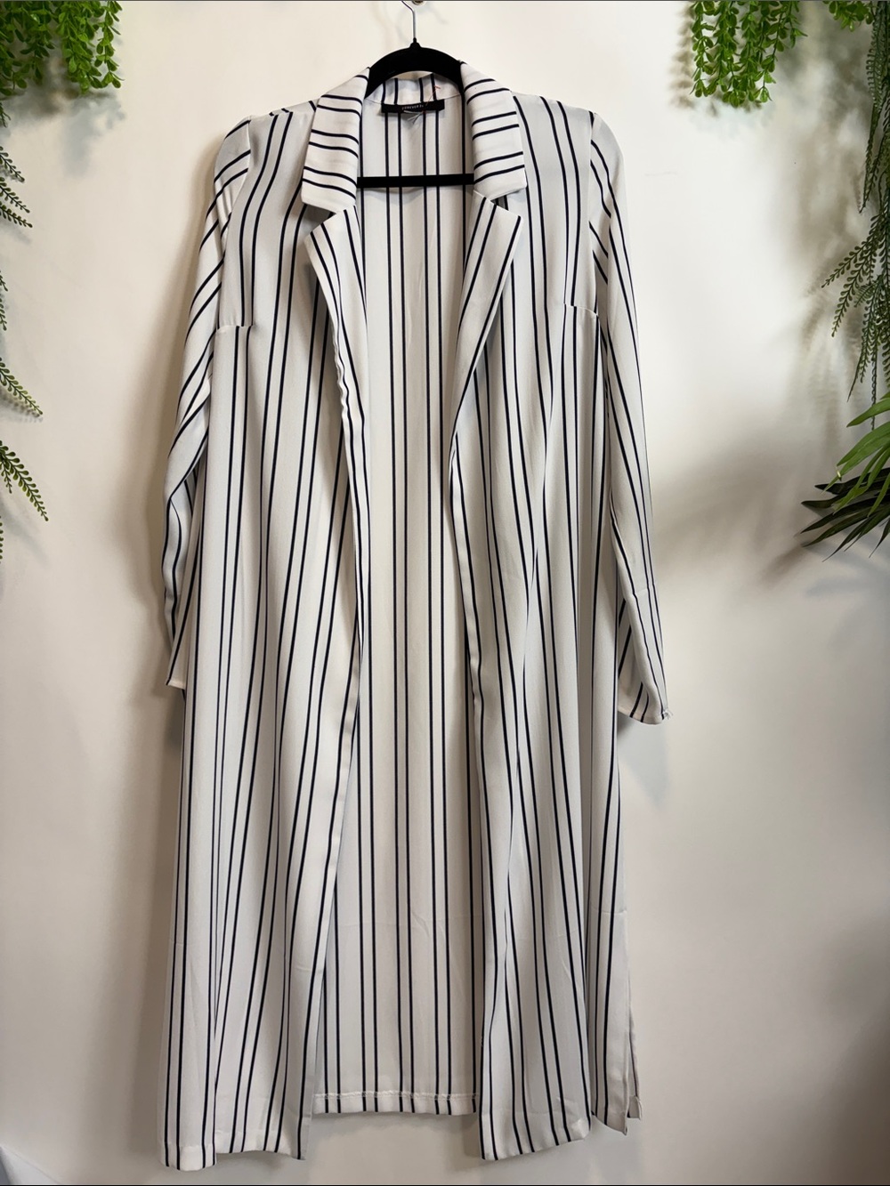 Forever 21 White Longline Blazer with Black Pinstripes